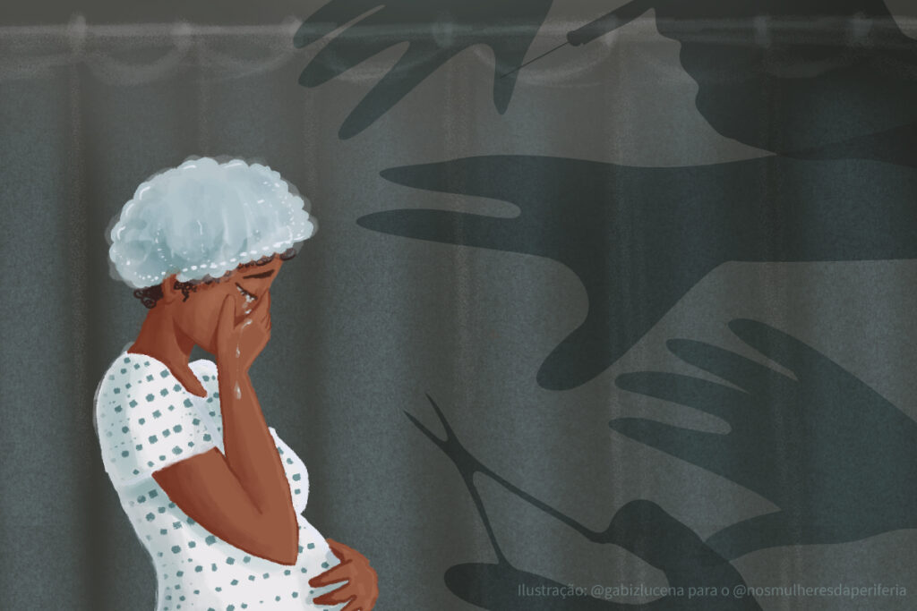 Ilustração mostra gestante chorando e várias sombras de mãos tentando alcançá-la