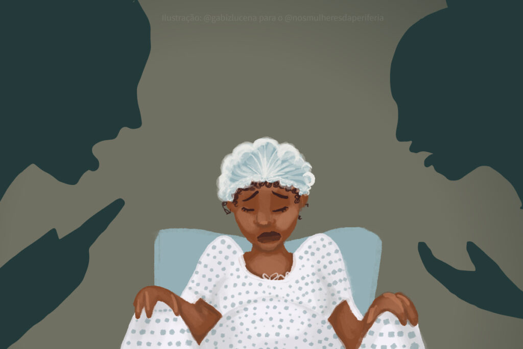 Ilustração mostra gestante angustiada ouvindo falas dos médicos