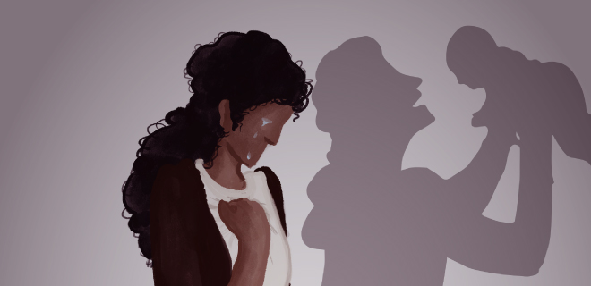 Ilustração representa o aborto. Mostra mulher chorando. Sua sombra mostra ela com seu bebê nos braços