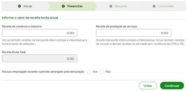 Uma das telas de preenchimento da Declaração Anual de Faturamento (DASN)