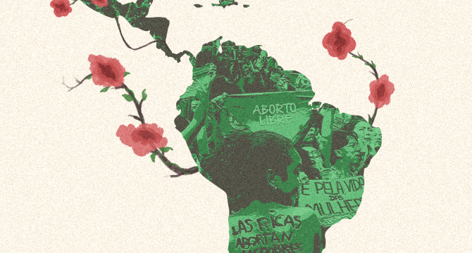 Ilustração mostra mapa da América Latina com imagens de protestos pela descriminalização do aborto