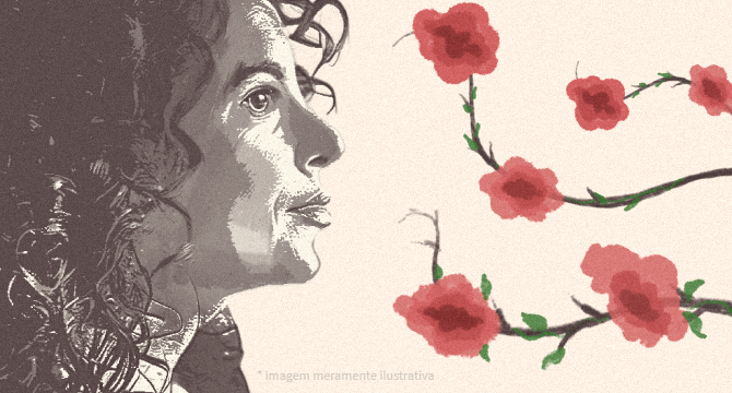 Ilustração mostra rosto de mulher ao lado de flores