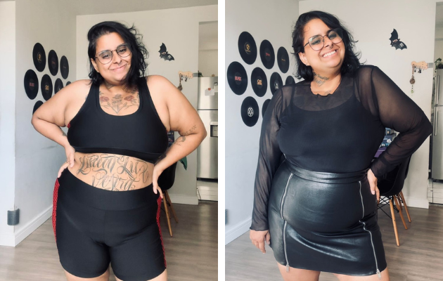 Montagem mostra duas fotos de Manu, uma com roupa de academia e outra com roupas de rolê