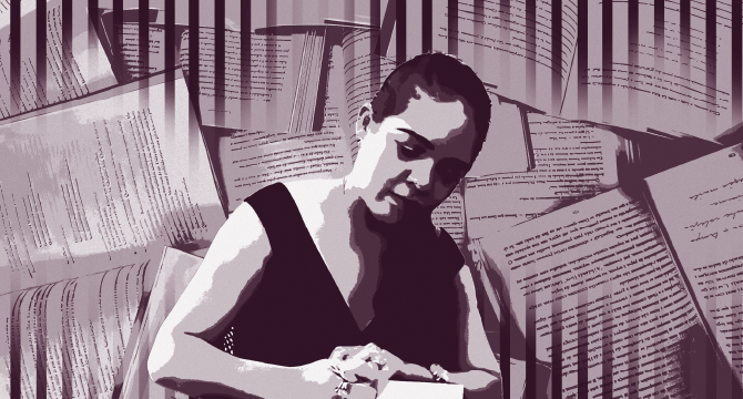 Ilustração mostra Amanda escrevendo. Ao fundo, páginas de livros e representações das grades do cárcere