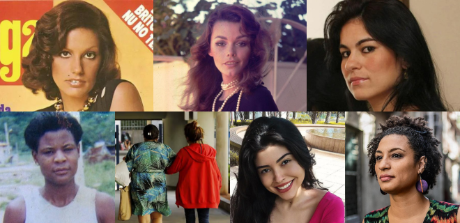 Montagem mostra a foto de sete mulheres que foram culpabilizadas pelas violências que sofreram