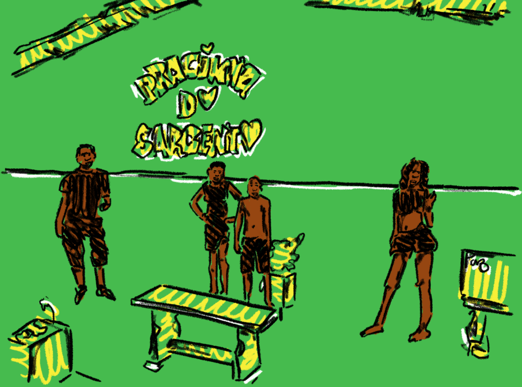 Ilustração em tons de verde, amarelo e preto em que algumas pessoas negras estão em uma praça. No fundo, uma 