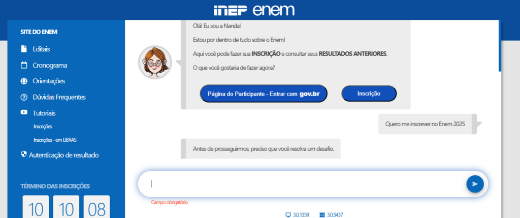 página de inscrição do Enem