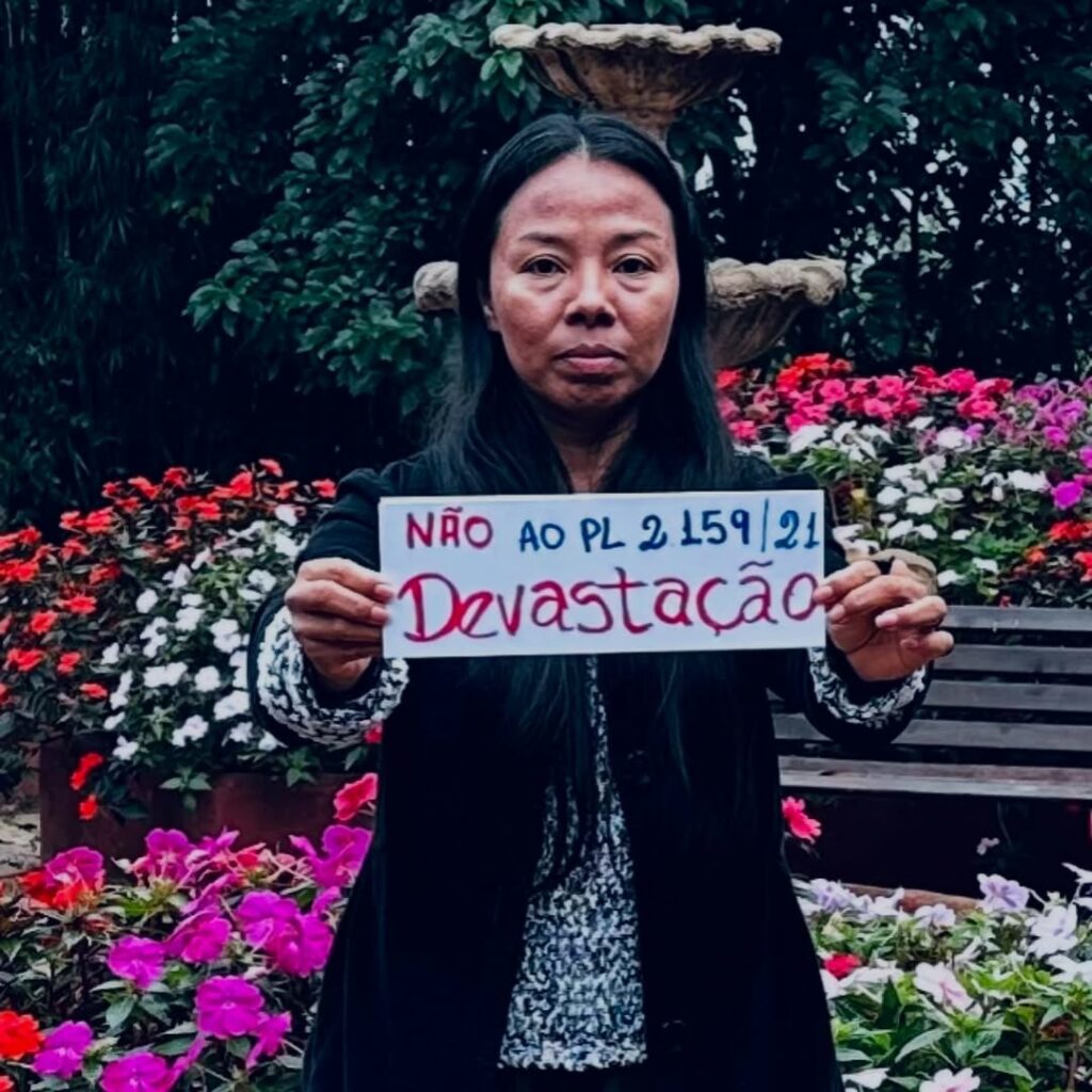 Mulher indígena segura placa com os dizeres: Não ao PL da Devastação