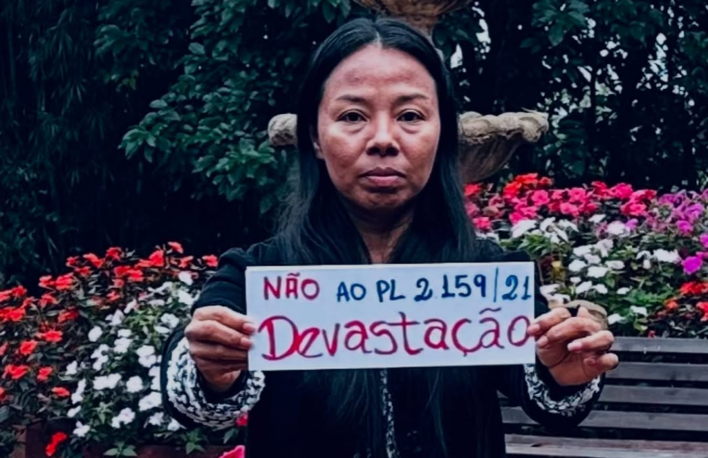 Mulher indígena segura placa com os dizeres: Não ao PL da Devastação