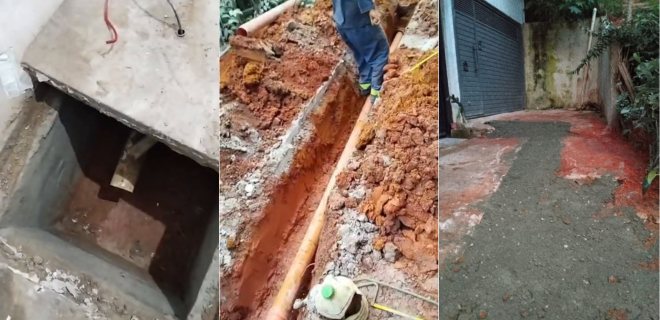 Montagem com três imagens relacionadas à obra de esgoto em um imóvel. À esquerda, uma caixa de inspeção aberta no chão de uma casa, com interior escuro e estrutura de concreto visível. No centro, uma vala escavada na rua com terra avermelhada e um tubo de esgoto sendo instalado, enquanto um trabalhador aparece parcialmente ao lado. À direita, uma rua em declive com o solo remexido e marcas recentes de obra, em frente a um portão de garagem, indicando intervenção para instalação de rede de esgoto.